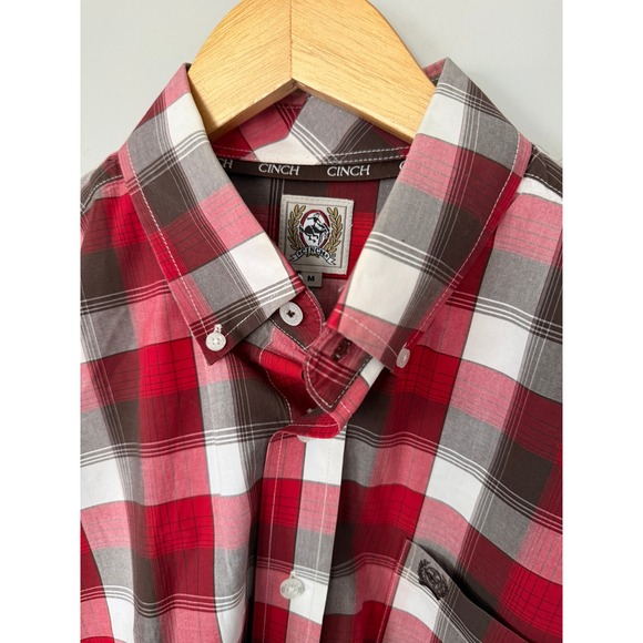 Cinch Mens Plaid Button Down Long Sleeve Shirt Red Brown White Size Medium - Picture 4 of 9